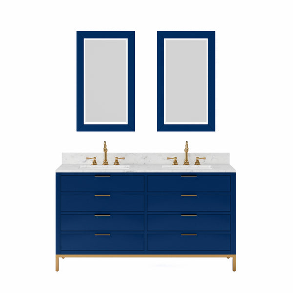 BRISTOL 60W x 34H Monarch Blue Double-Sink Vanity with Carrara White Marble Countertop + Satin Gold Hook Faucets and Rectangular Mirrors (S)