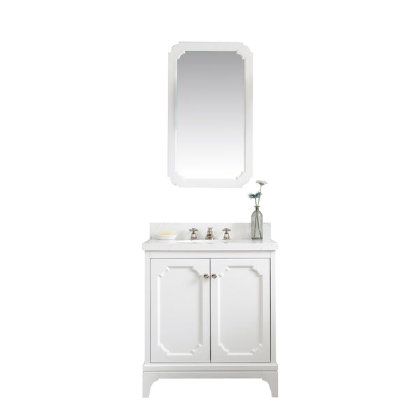 QUEEN 30W x 34H Pure White Single-Sink Vanity with Carrara Quartz Countertop + Faucets & Mirror (F2-0009)