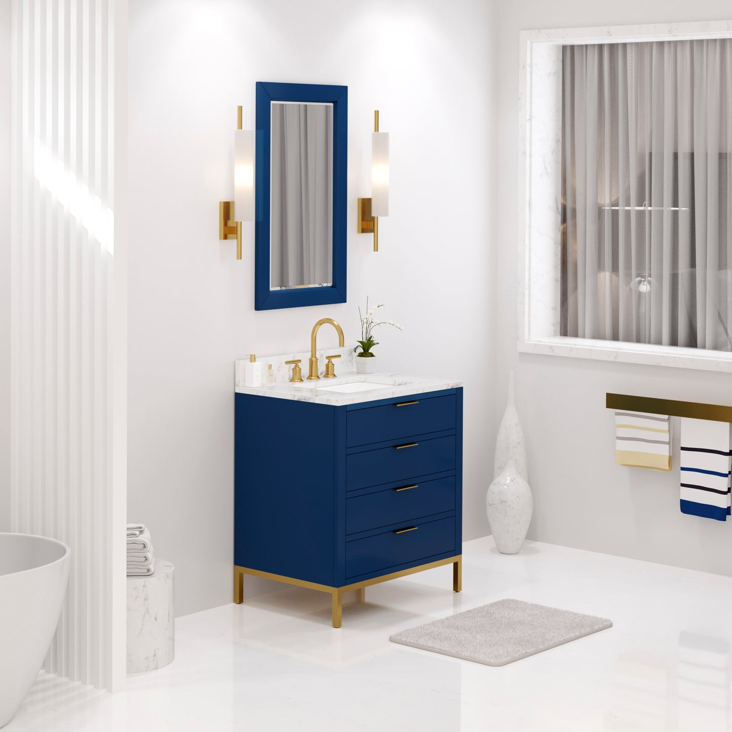 BRISTOL 30"W x 34"H Monarch Blue Single-Sink Vanity with Carrara White Marble Countertop + Satin Gold Gooseneck Faucet and Rectangular Mirror (S)