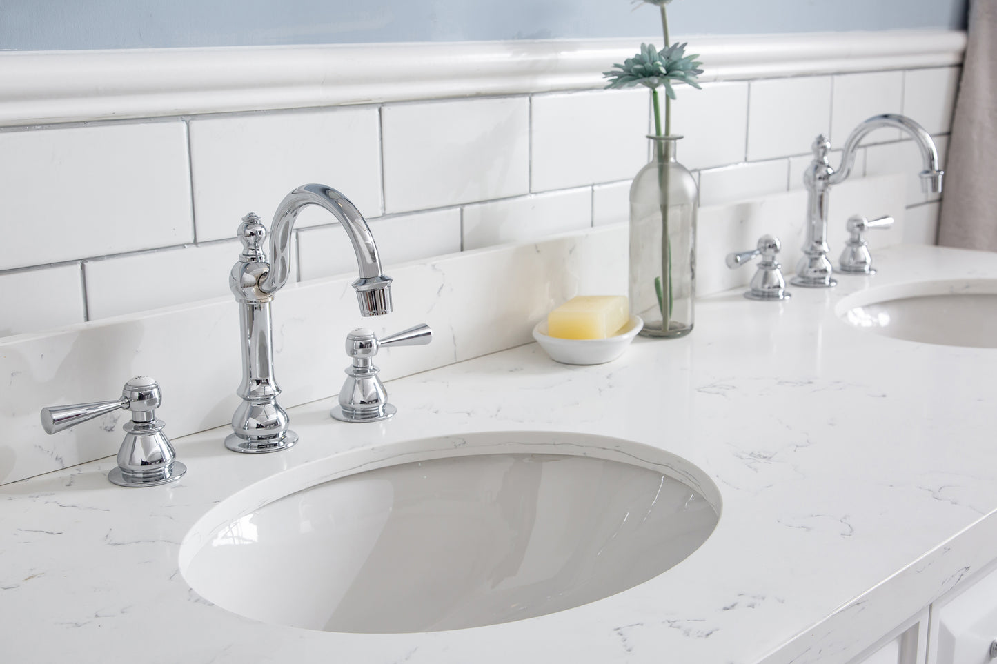 PALACE 60"W x 34"H Pure White Vanity with Carrara Quartz Countertop + Faucets (F2-0012), Chrome Finish Hardware