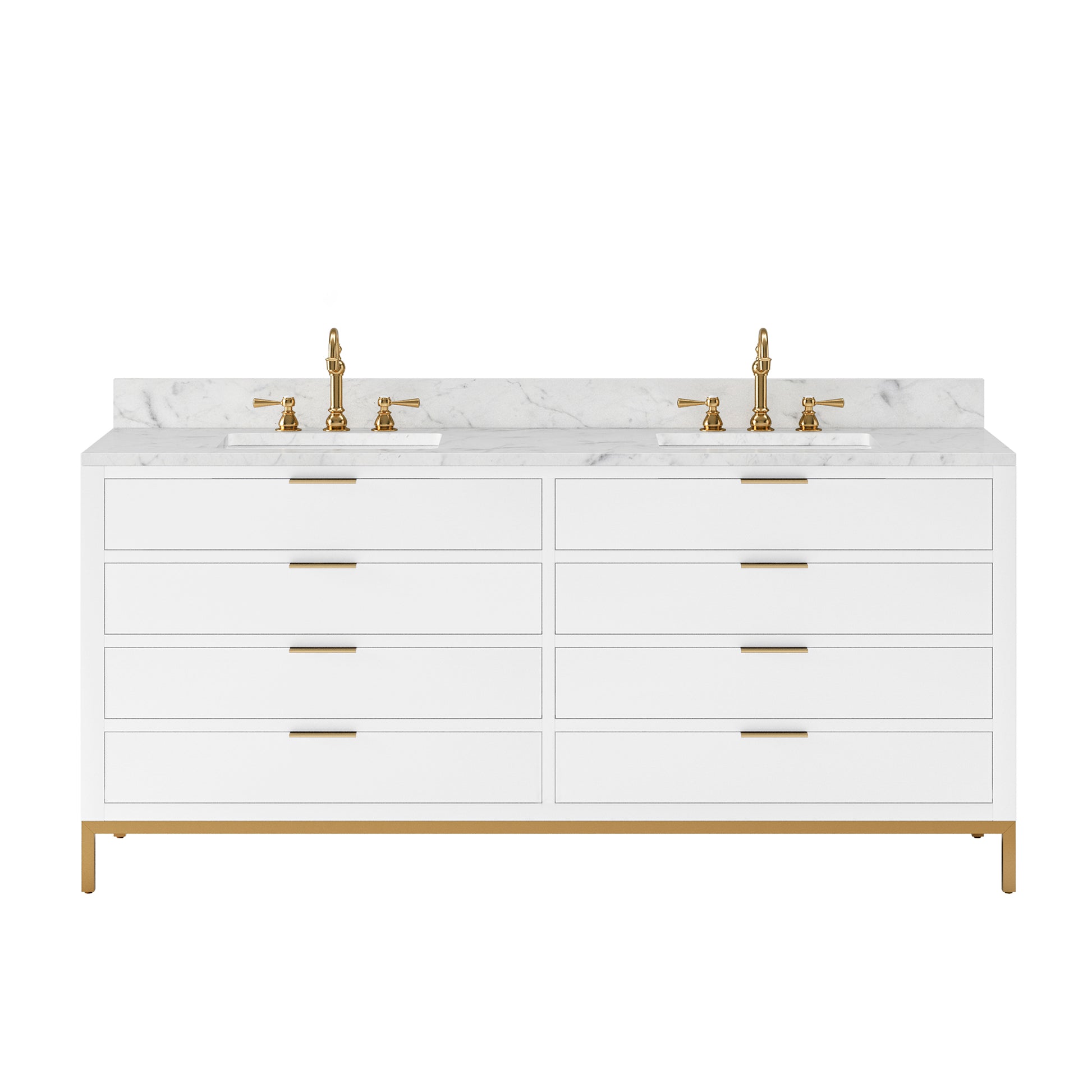 BRISTOL 72"W x 34"H Pure White Double-Sink Vanity with Carrara White Marble Countertop + Satin Gold Hook Faucets