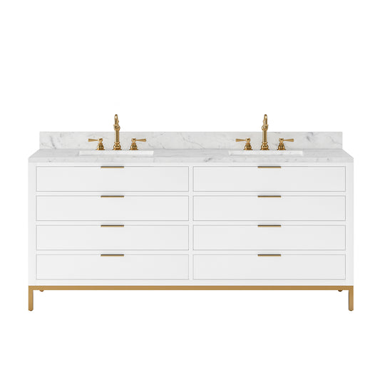 BRISTOL 72"W x 34"H Pure White Double-Sink Vanity with Carrara White Marble Countertop + Satin Gold Hook Faucets