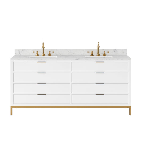 BRISTOL 72W x 34H Pure White Double-Sink Vanity with Carrara White Marble Countertop + Satin Gold Hook Faucets