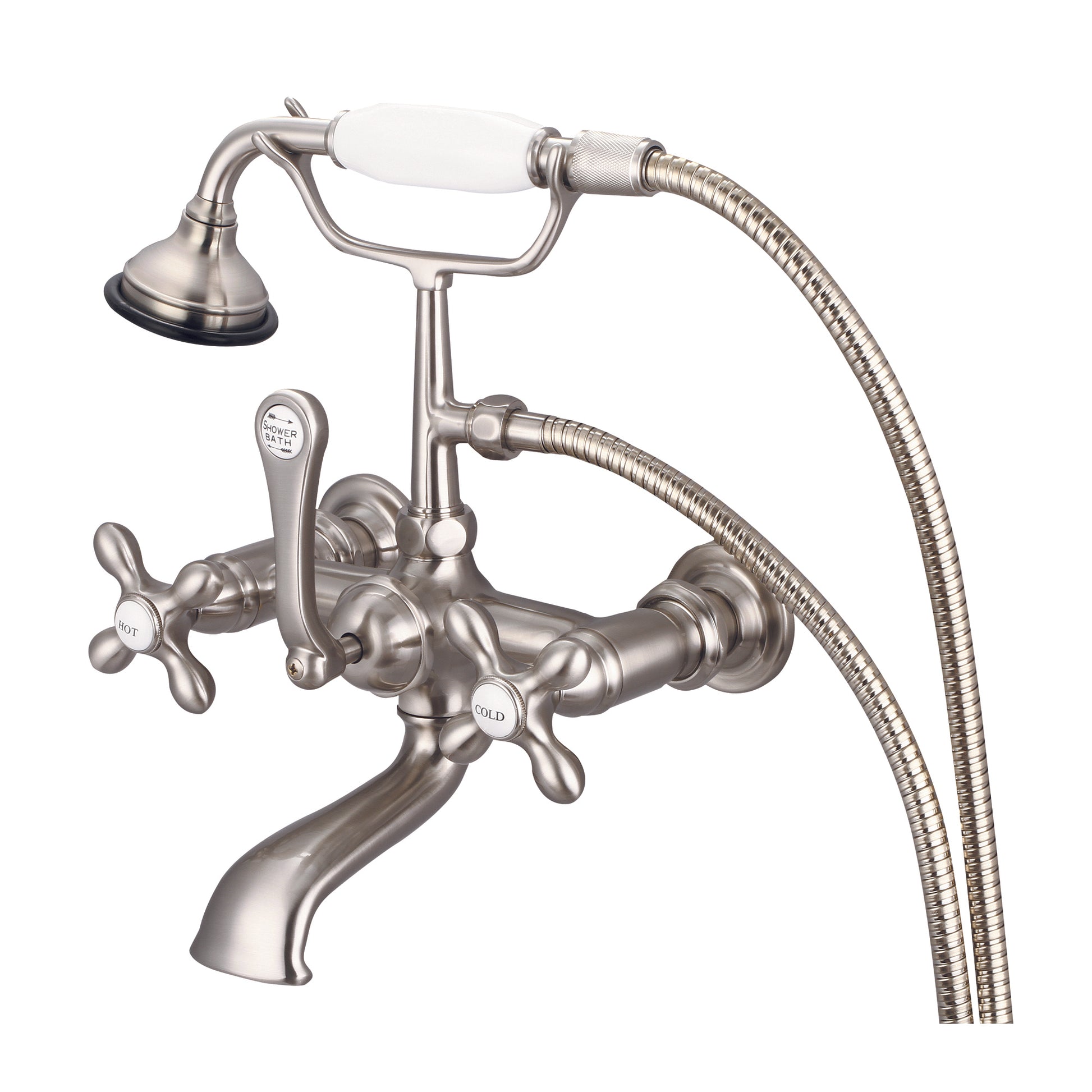 Vintage Classic 7" Spread Wall Mount Tub Faucet With Straight Wall Connector & Handheld Shower in Brushed Nickel Finish, With Metal Lever Handles, Hot And Cold Labels Included