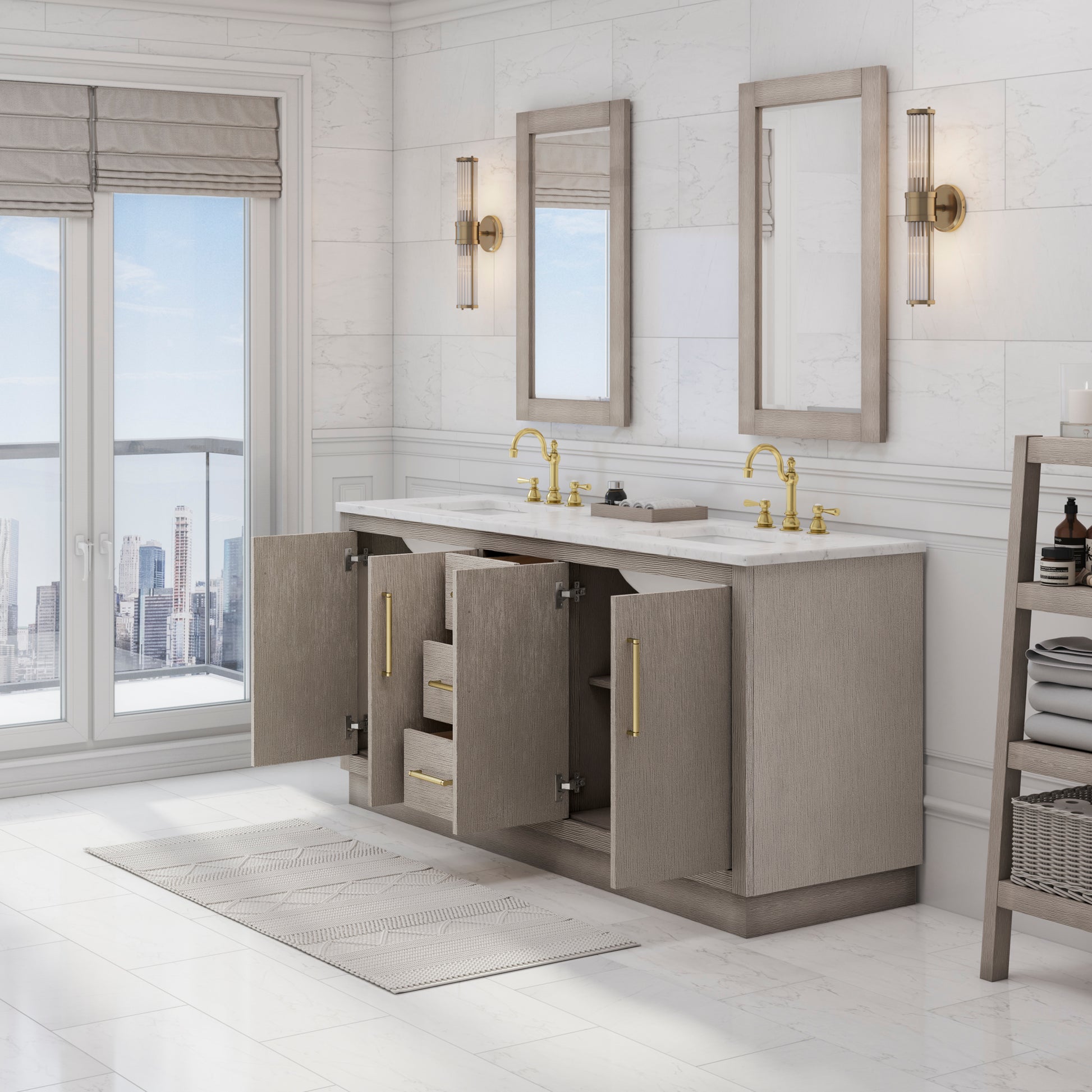 HUGO 72"W x 34.3"H Gray Oak Double-Sink Vanity with Carrara White Marble Countertop + Mirrors