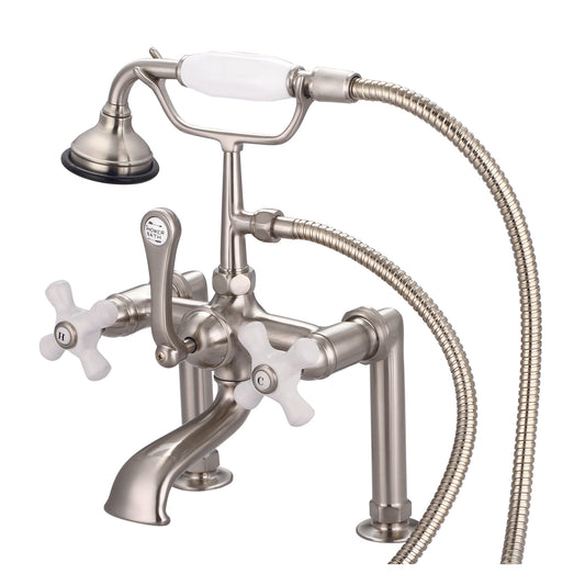 Vintage Classic 7" Spread Deck Mount Tub Faucet With 6" Risers & Handheld Shower in Brushed Nickel Finish, With Porcelain Cross Handles, Hot And Cold Labels Included