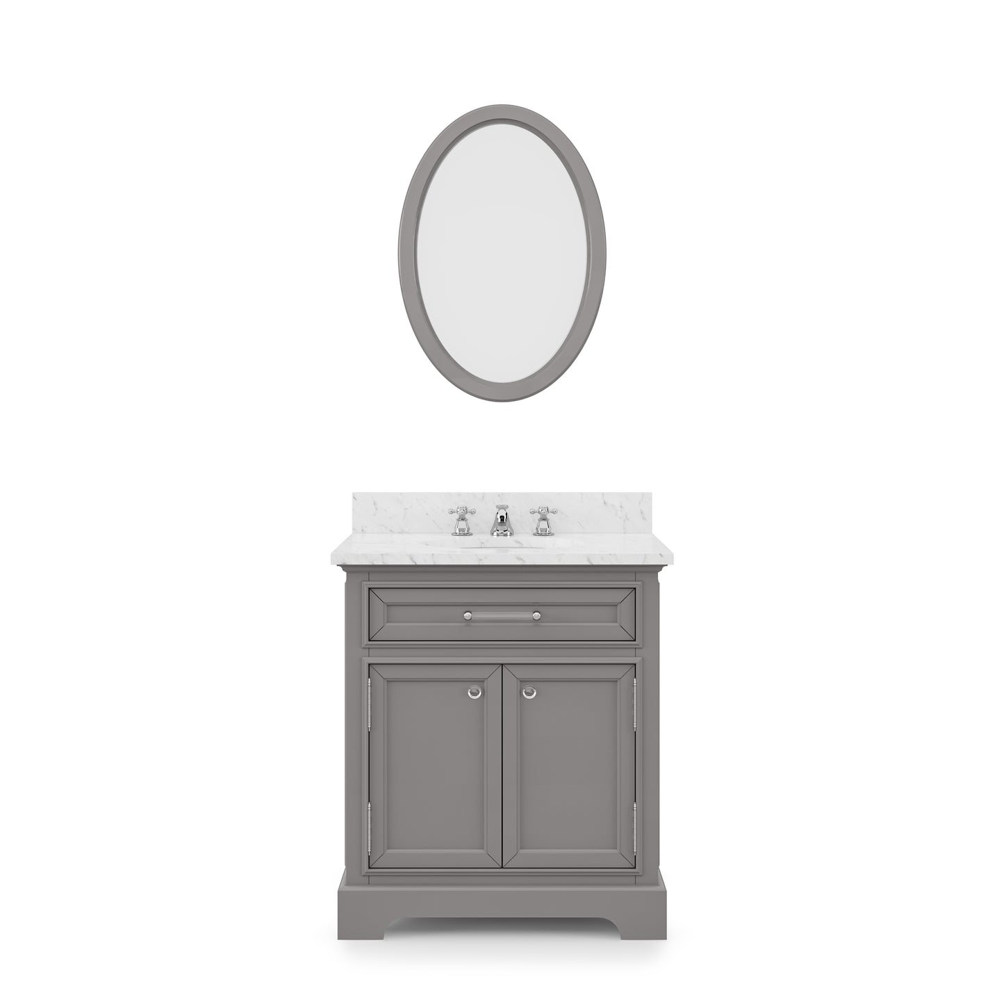 DERBY 30"W x 34"H Cashmere Gray Single-Sink Vanity with Carrara White Marble Countertop + Faucet & Mirror