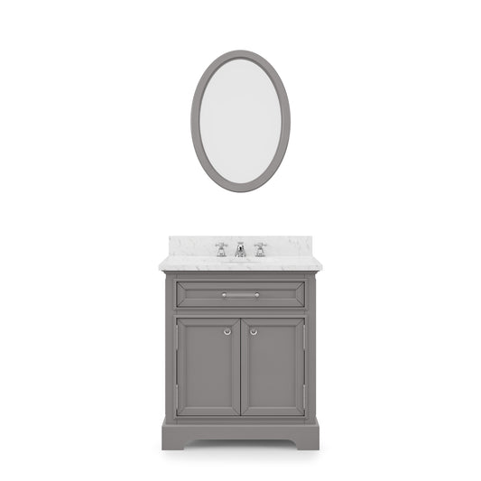 DERBY 30"W x 34"H Cashmere Gray Single-Sink Vanity with Carrara White Marble Countertop + Faucet & Mirror