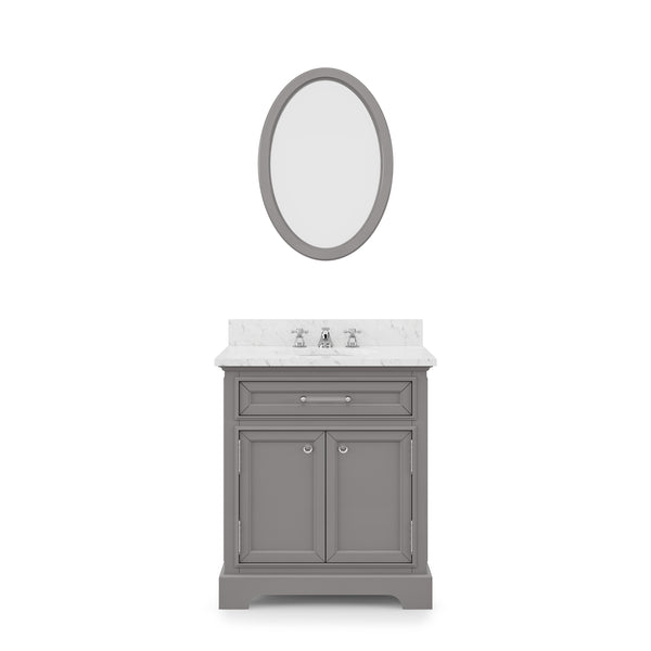 DERBY 30W x 34H Cashmere Gray Single-Sink Vanity with Carrara White Marble Countertop + Faucet & Mirror