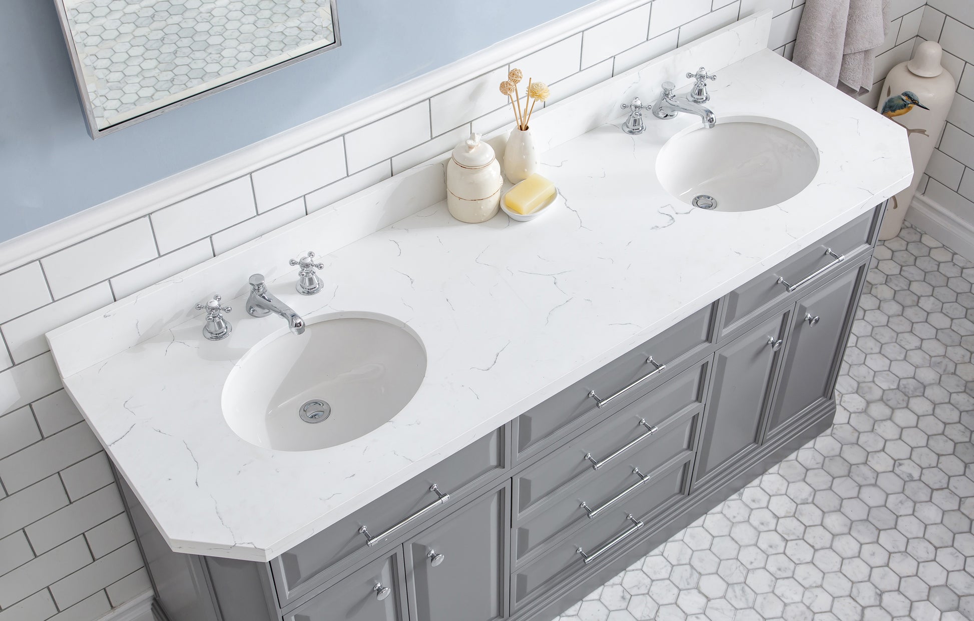 PALACE 72"W x 34"H Cashmere Gray Vanity with Carrara Quartz Countertop + Faucets (F2-0009), Chrome Finish Hardware