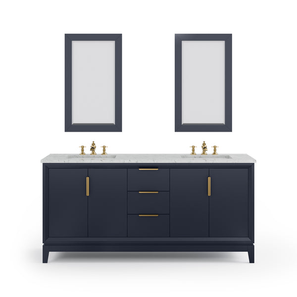 ELIZABETH 72W x 34.25H Monarch Blue Double-Sink Vanity with Carrara White Marble Countertop + Faucets & Mirror (F2-0013-06-FX)