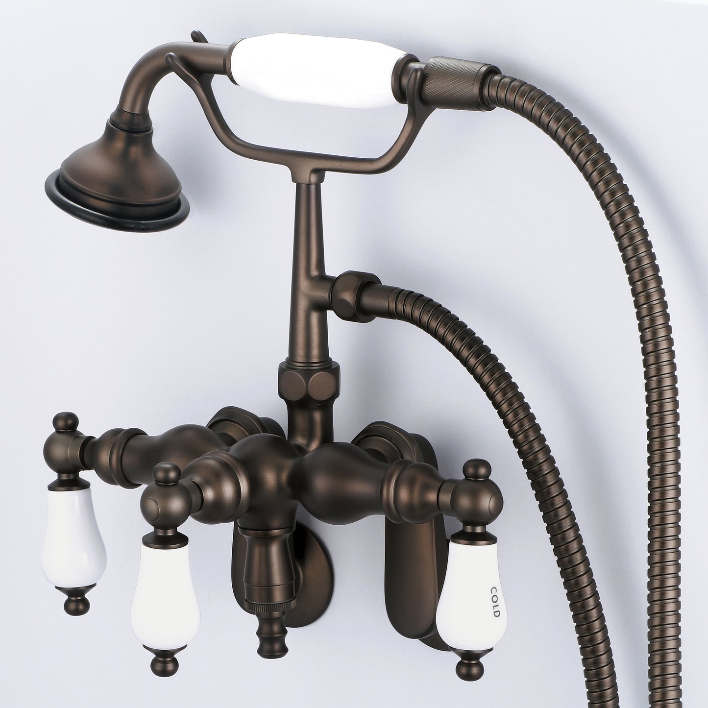 Vintage Classic Adjustable Center Wall Mount Tub Faucet With Down Spout, Swivel Wall Connector & Handheld Shower in Oil Rubbed Bronze Finish, With Porcelain Lever Handles, Hot And Cold Labels Included