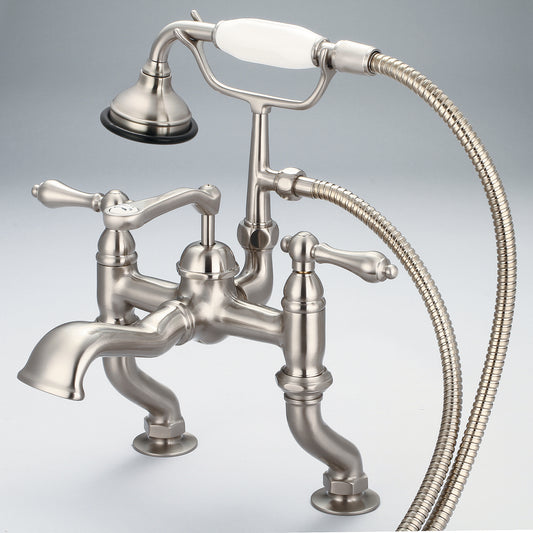 Vintage Classic Adjustable Center Deck Mount Tub Faucet With Handheld Shower in Brushed Nickel Finish, With Metal Lever Handles Without Labels