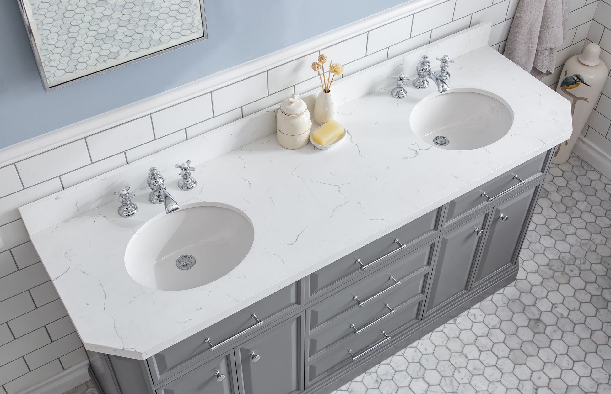 PALACE 72"W x 34"H Cashmere Gray Vanity with Carrara Quartz Countertop + Faucets (F2-0013), Chrome Finish Hardware