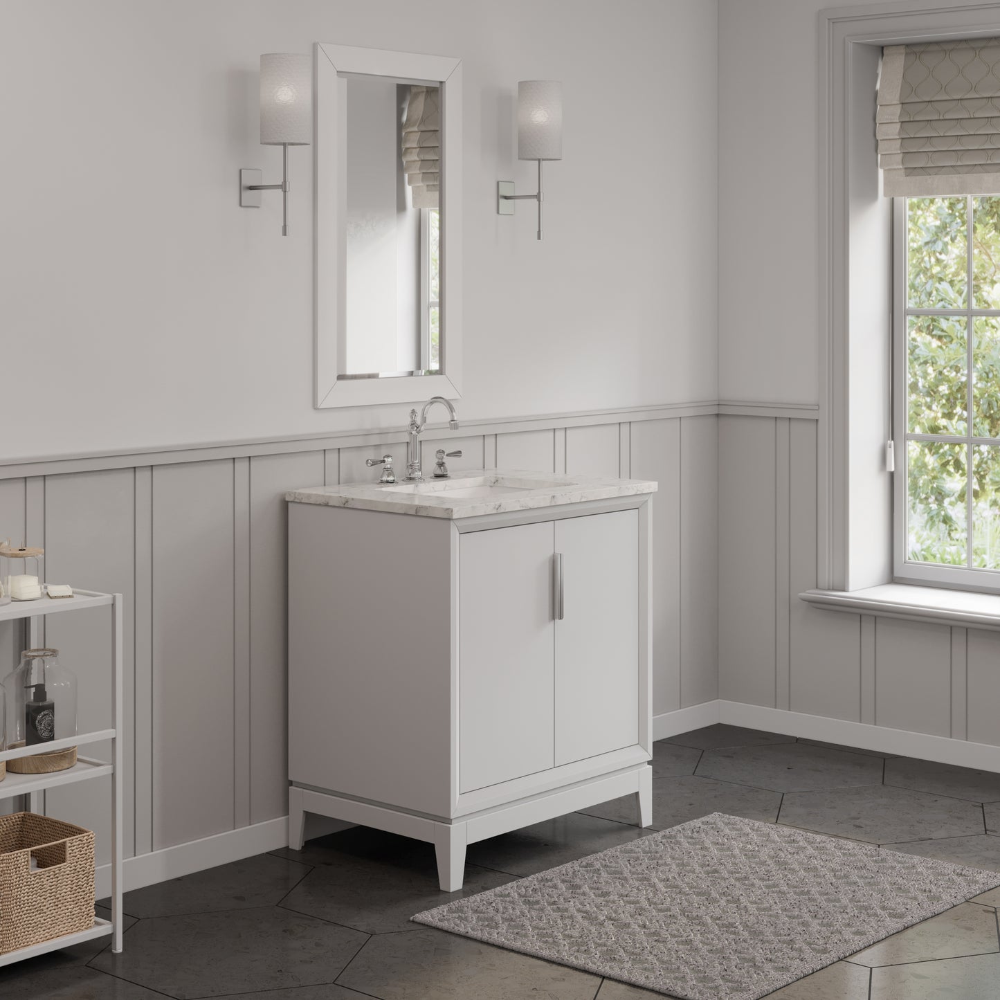 ELIZABETH 30"W x 34.25"H Pure White Single-Sink Vanity with Carrara White Marble Countertop + Mirror