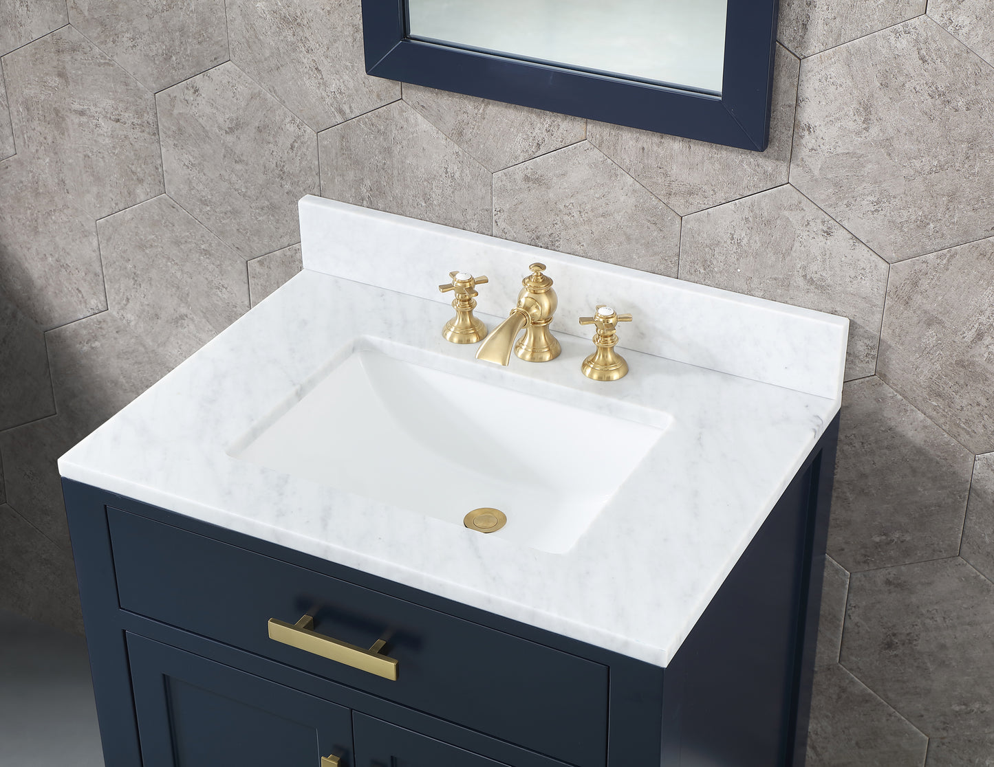 MADISON 30"W x 34"H Monarch Blue Single-Sink Vanity with Carrara White Marble Countertop + Mirror