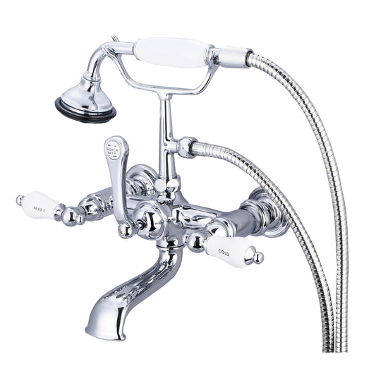 Vintage Classic 7" Spread Wall Mount Tub Faucet With Straight Wall Connector & Handheld Shower in Chrome Finish, With Porcelain Lever Handles, Hot And Cold Labels Included