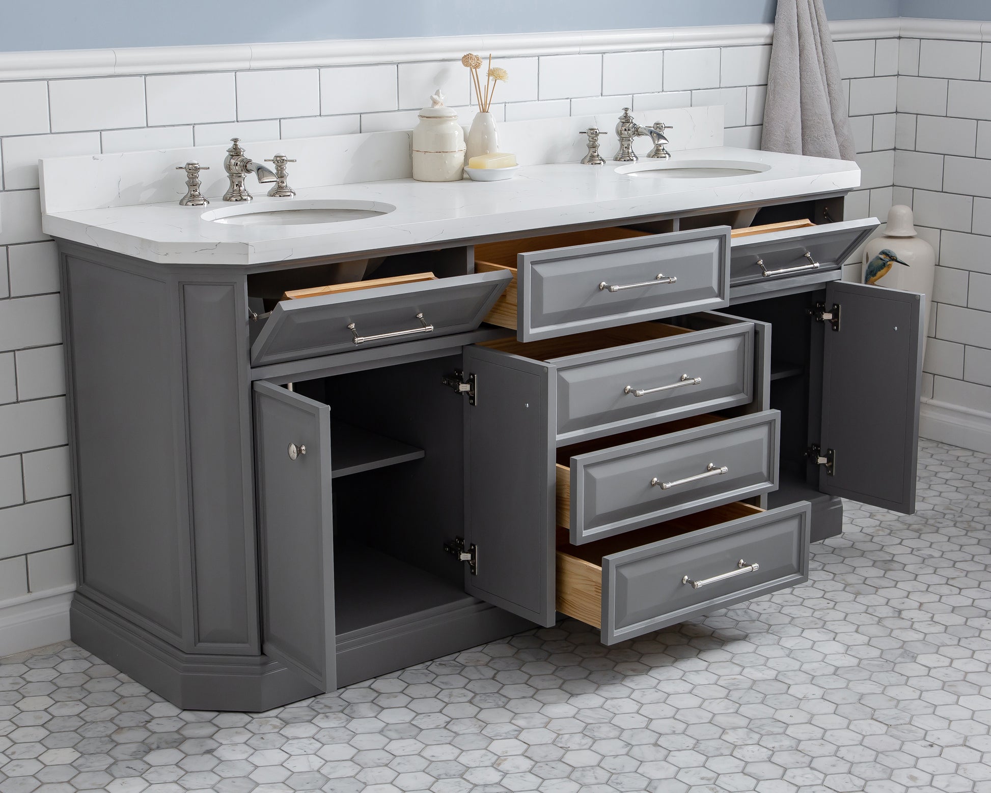 PALACE 72"W x 34"H Cashmere Gray Vanity with Carrara Quartz Countertop + Mirror, Polished Nickel Finish Hardware & Mirror