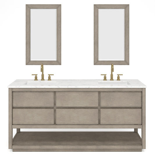 OAKMAN 72"W x 34.3"H Gray Oak Double-Sink Vanity with Carrara White Marble Countertop + Gold Faucets and Rectangular Mirrors