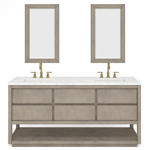 OAKMAN 72W x 34.3H Gray Oak Double-Sink Vanity with Carrara White Marble Countertop + Gold Faucets and Rectangular Mirrors