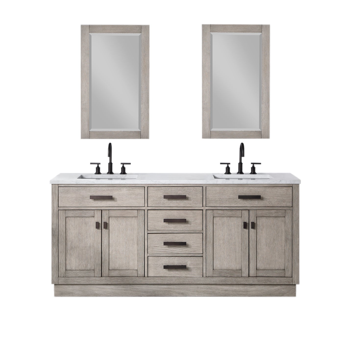 CHESTNUT 72"W x 34.2"H Gray Oak Double-Sink Vanity with Carrara White Marble Countertop + Faucets & Mirrors