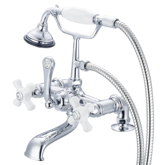 Vintage Classic 7" Spread Deck Mount Tub Faucet With 2" Risers & Handheld Shower in Chrome Finish, With Porcelain Cross Handles, Hot And Cold Labels Included