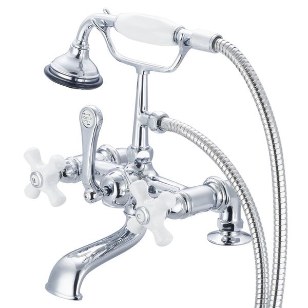 Vintage Classic 7 Spread Deck Mount Tub Faucet With 2 Risers & Handheld Shower in Chrome Finish, With Porcelain Cross Handles, Hot And Cold Labels Included