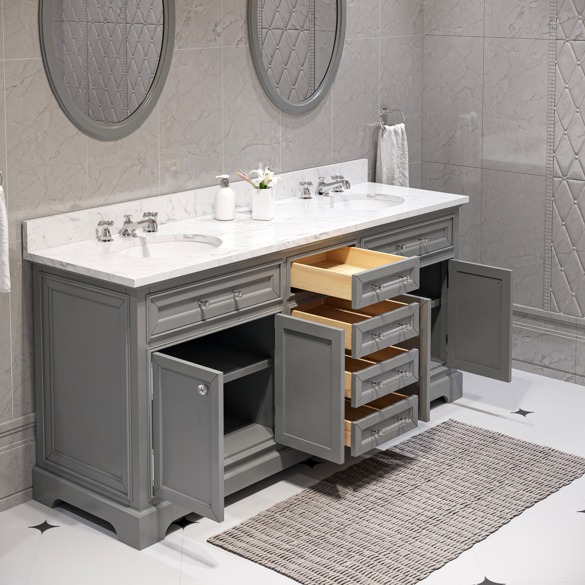 DERBY 72"W x 34"H Cashmere Gray Double-Sink Vanity with Carrara White Marble Countertop + Faucets & Mirrors