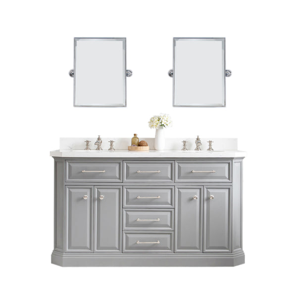 PALACE 60W x 34H Cashmere Gray Vanity with Carrara Quartz Countertop + Faucets & Mirror (F2-0013), Polished Nickel Finish Hardware & Mirror