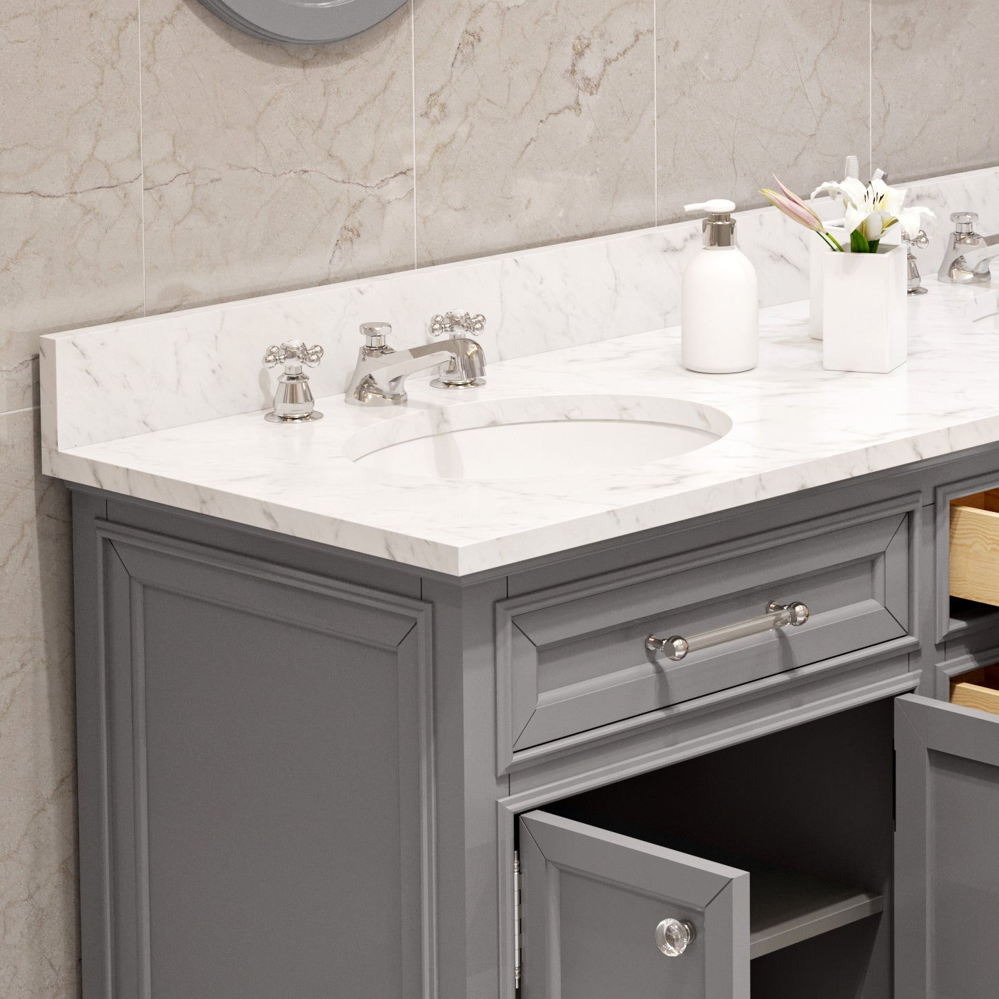 DERBY 60"W x 34"H Cashmere Gray Double-Sink Vanity with Carrara White Marble Countertop + Faucets & Mirrors