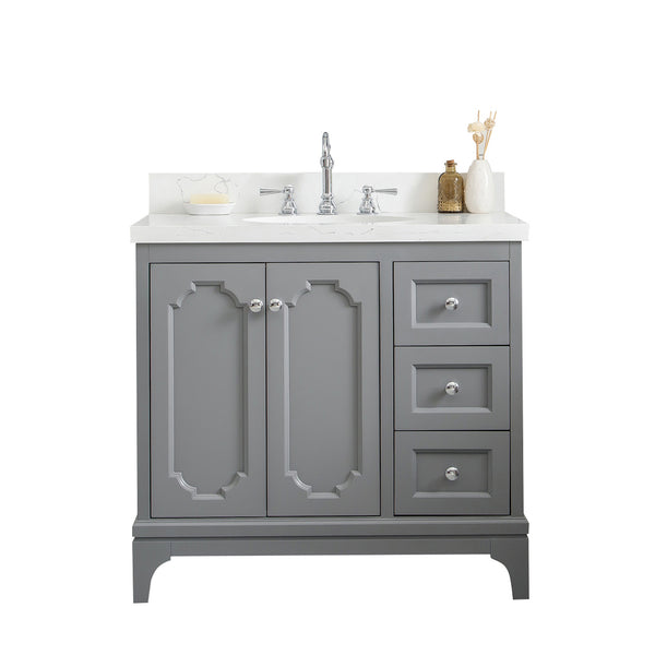 QUEEN 36W x 34H Cashmere Gray Single-Sink Vanity with Carrara Quartz Countertop + Faucets (F2-0012-01-TL)