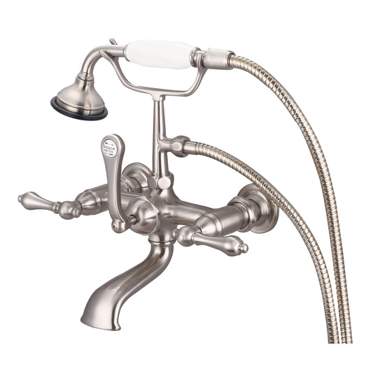 Vintage Classic 7" Spread Wall Mount Tub Faucet With Straight Wall Connector & Handheld Shower in Brushed Nickel Finish, With Metal Lever Handles Without Labels