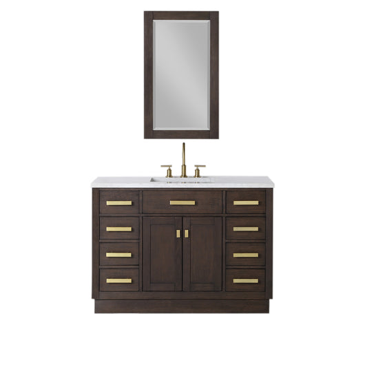 CHESTNUT 48"W x 34.2"H Brown Oak Single-Sink Vanity with Carrara White Marble Countertop + Faucet & Mirror