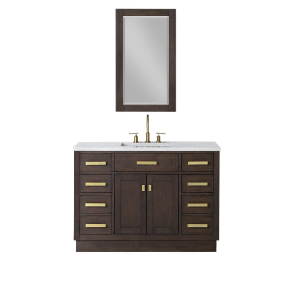 CHESTNUT 48W x 34.2H Brown Oak Single-Sink Vanity with Carrara White Marble Countertop + Faucet & Mirror