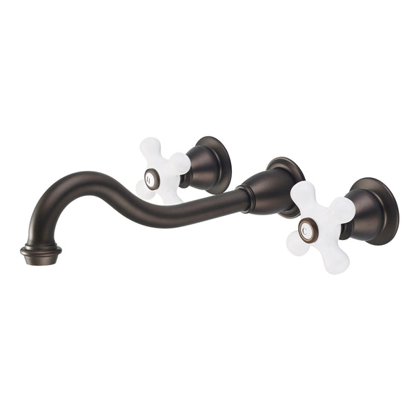 Elegant Spout Wall Mount Vessel/Bathroom Faucets in Oil Rubbed Bronze Finish, With Porcelain Cross Handles, Hot And Cold Labels Included