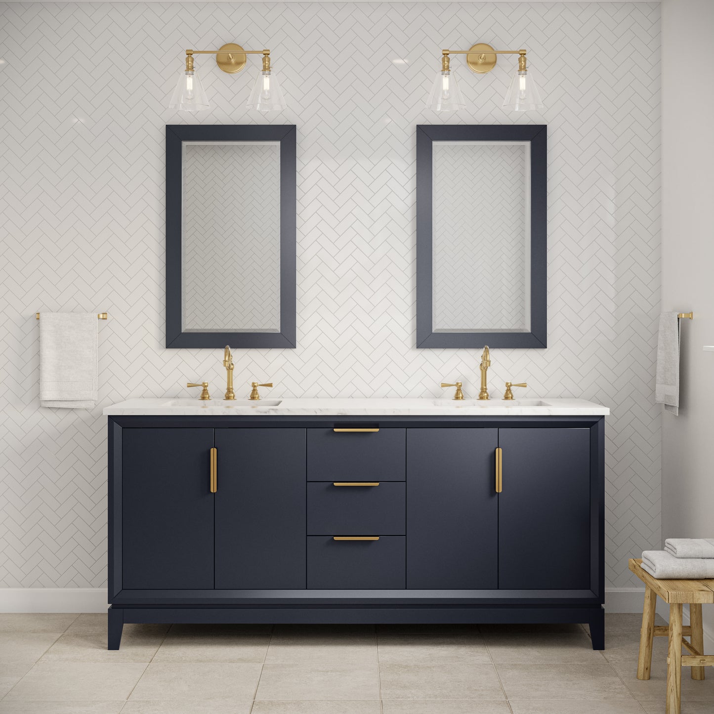 ELIZABETH 72"W x 34.25"H Monarch Blue Double-Sink Vanity with Carrara White Marble Countertop + Faucets & Mirror (F2-0012-06-TL)