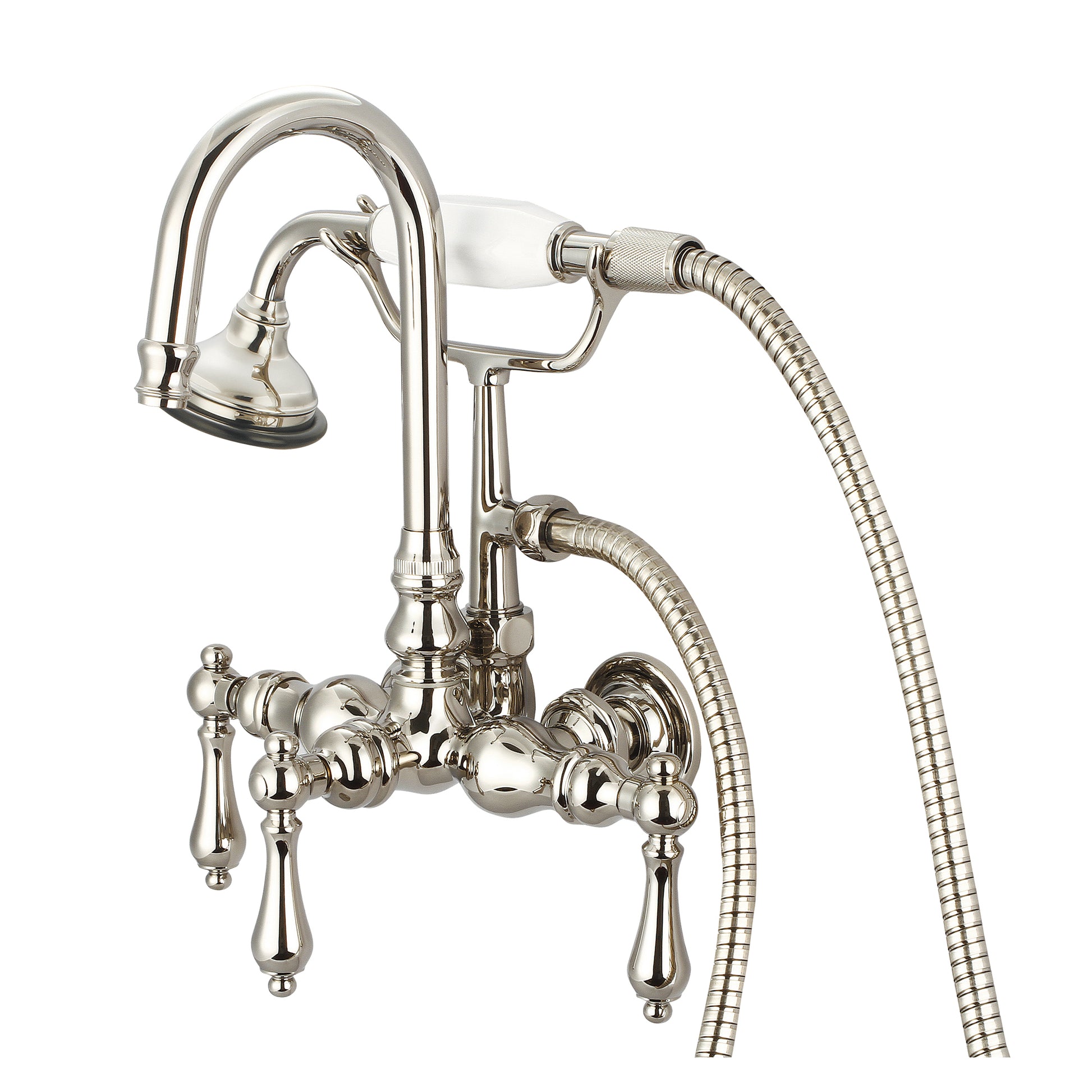 Vintage Classic 3.375" Center Wall Mount Tub Faucet With Gooseneck Spout, Straight Wall Connector & Handheld Shower in Polished Nickel Finish, With Metal Lever Handles Without Labels