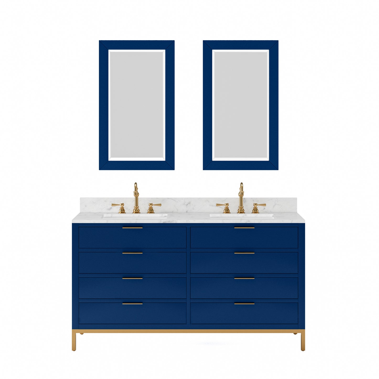 BRISTOL 60"W x 34"H Monarch Blue Double-Sink Vanity with Carrara White Marble Countertop + Rectangular Mirrors (S)