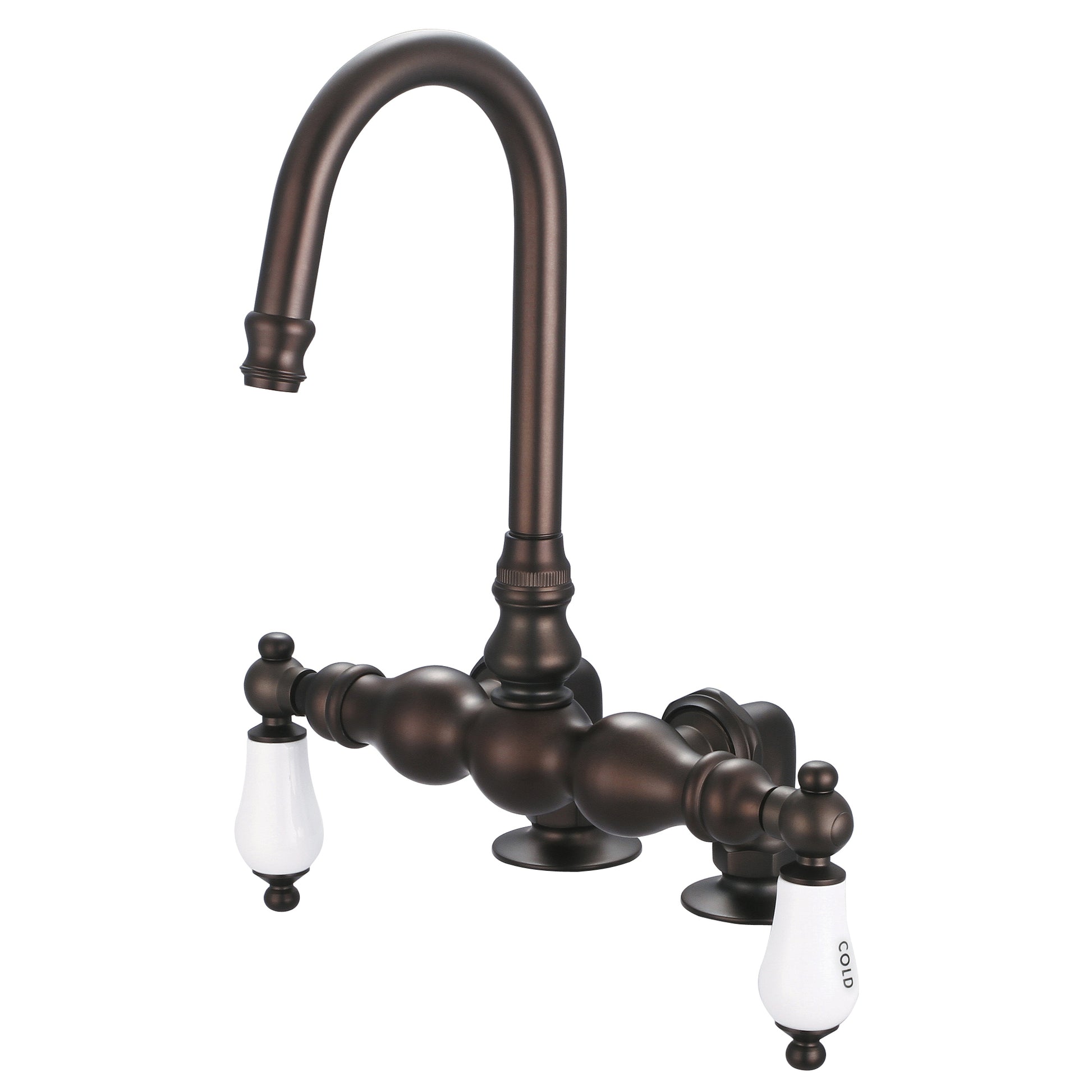 Vintage Classic 3.375" Center Deck Mount Tub Faucet With Gooseneck Spout & 2" Risers in Oil Rubbed Bronze Finish, With Porcelain Lever Handles, Hot And Cold Labels Included