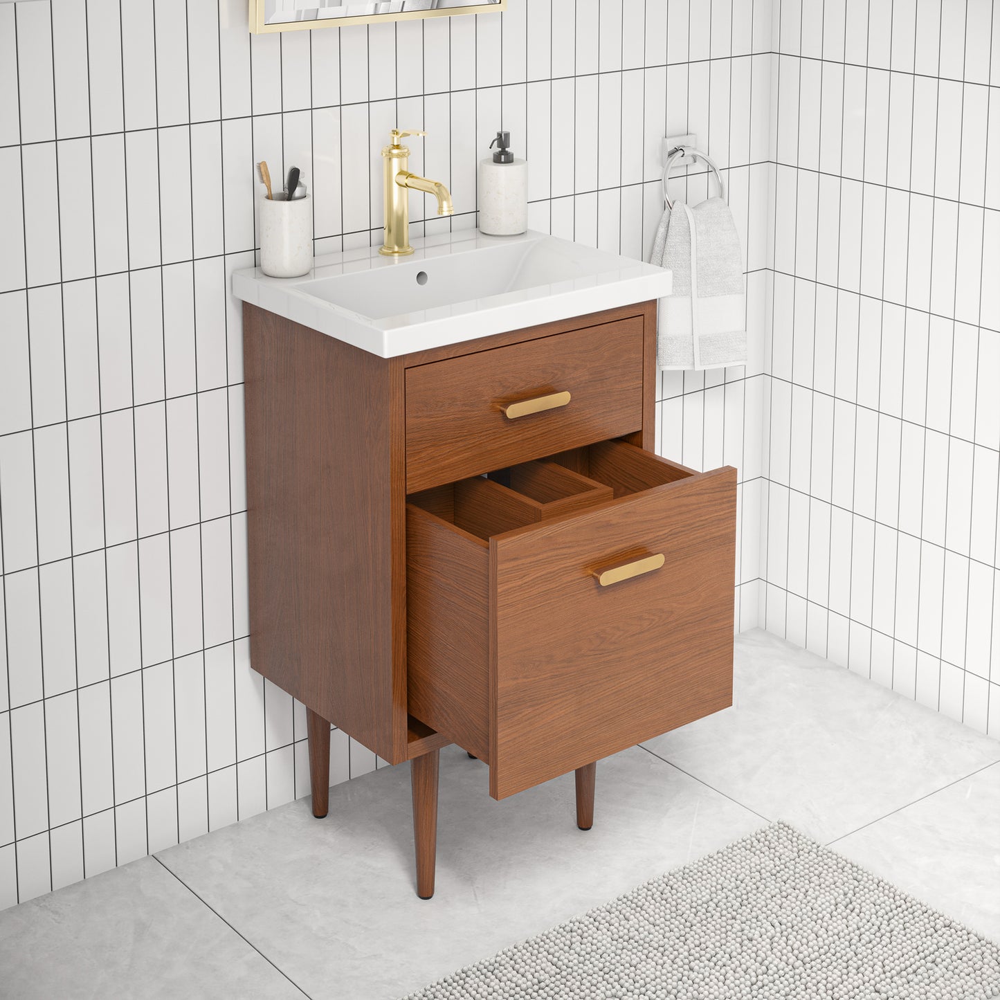 BRANDY 20.5"W x 34.5"H Honey Walnut Integrated Ceramic Sink Vanity + Satin Gold Single Faucet