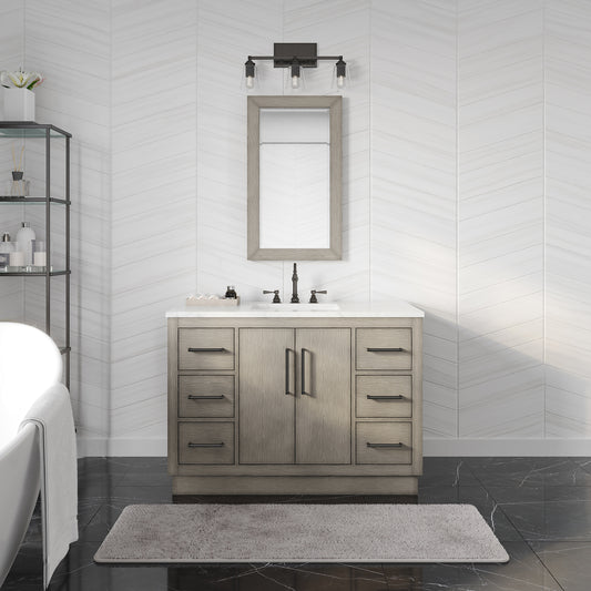 HUGO 48"W x 34.3"H Gray Oak Single-Sink Vanity with Carrara White Marble Countertop + Mirror