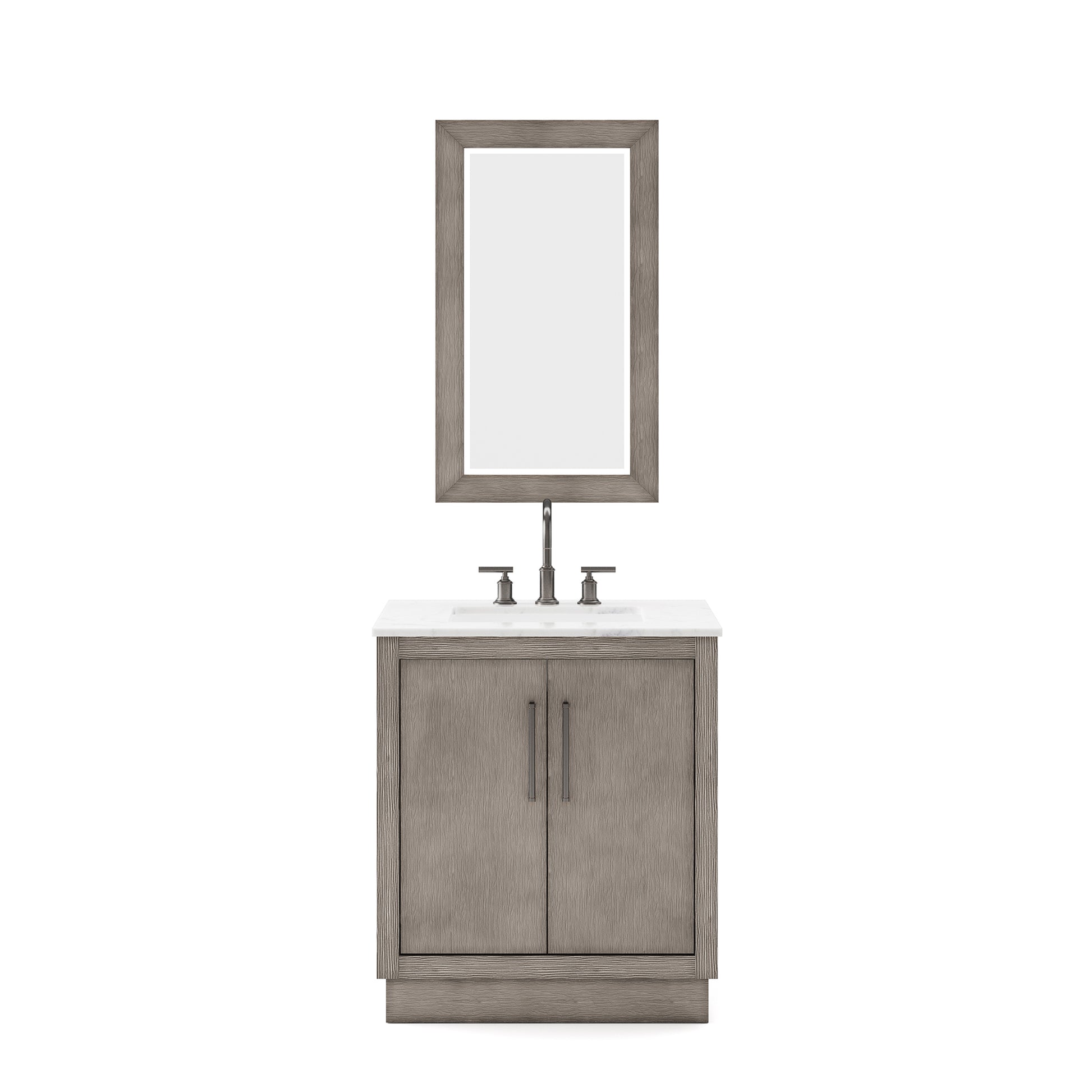 HUGO 30"W x 34.3"H Gray Oak Single-Sink Vanity with Carrara White Marble Countertop + Gooseneck Faucet and Mirror