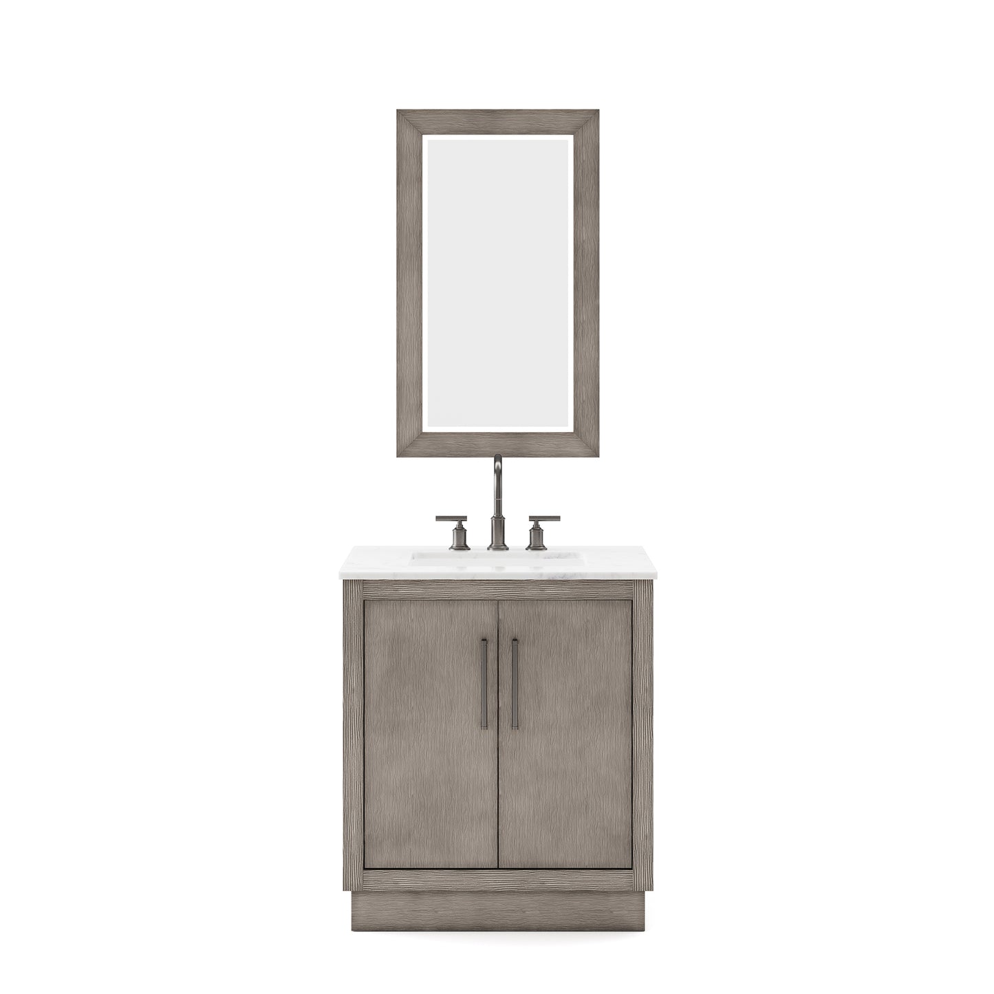 HUGO 30"W x 34.3"H Gray Oak Single-Sink Vanity with Carrara White Marble Countertop + Gooseneck Faucet and Mirror