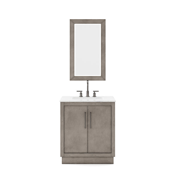 HUGO 30W x 34.3H Gray Oak Single-Sink Vanity with Carrara White Marble Countertop + Gooseneck Faucet and Mirror