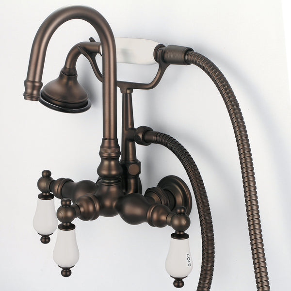 Vintage Classic 3.375 Center Wall Mount Tub Faucet With Gooseneck Spout, Straight Wall Connector & Handheld Shower in Oil Rubbed Bronze Finish, With Porcelain Lever Handles, Hot And Cold Labels Included