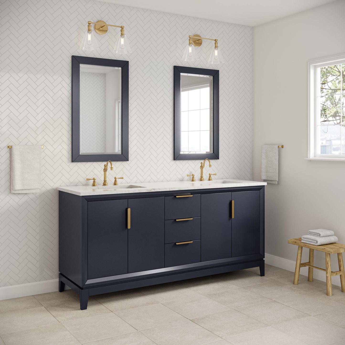 ELIZABETH 72"W x 34.25"H Monarch Blue Double-Sink Vanity with Carrara White Marble Countertop + Mirror