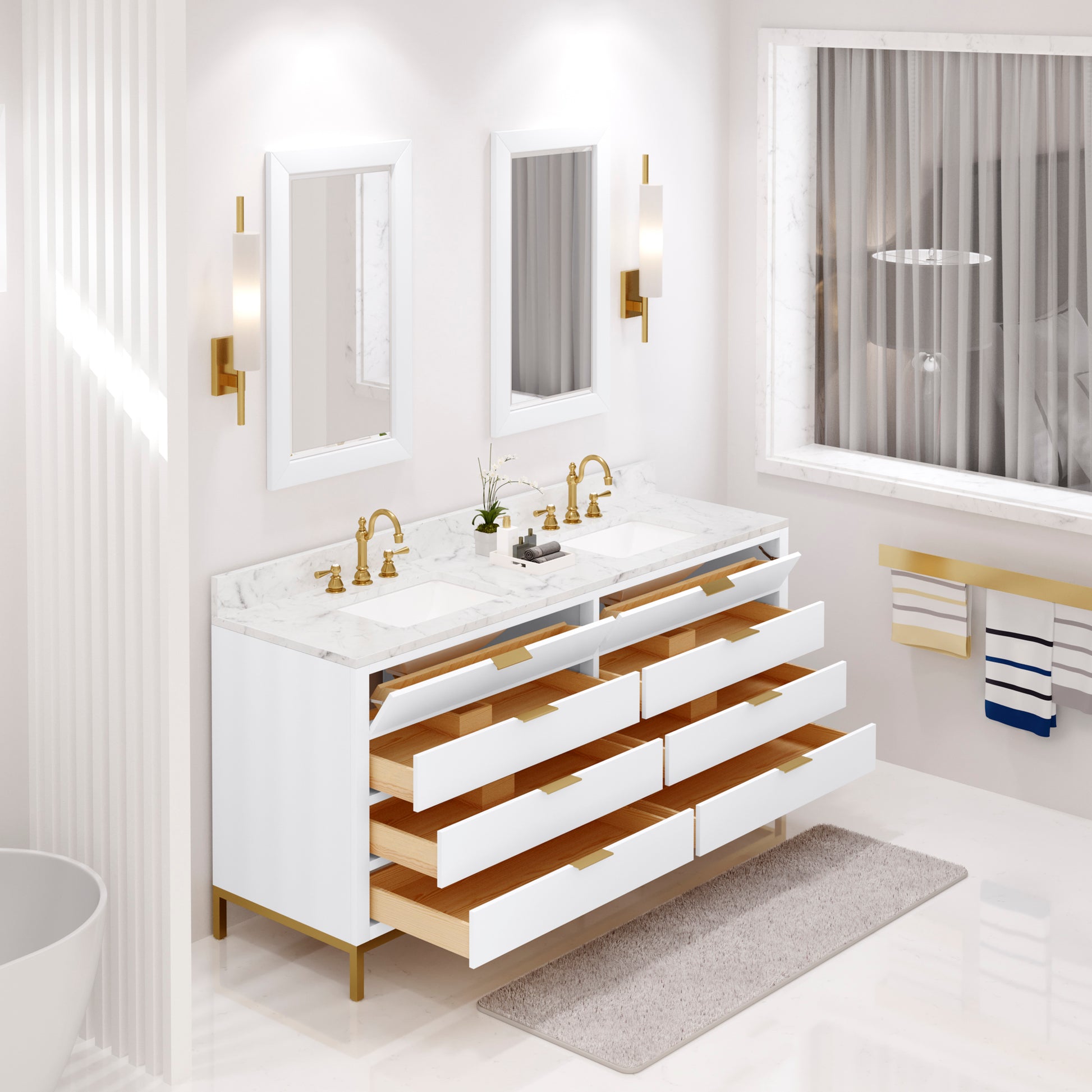 BRISTOL 72"W x 34"H Pure White Double-Sink Vanity with Carrara White Marble Countertop + Satin Gold Hook Faucets and Rectangular Mirrors (S)