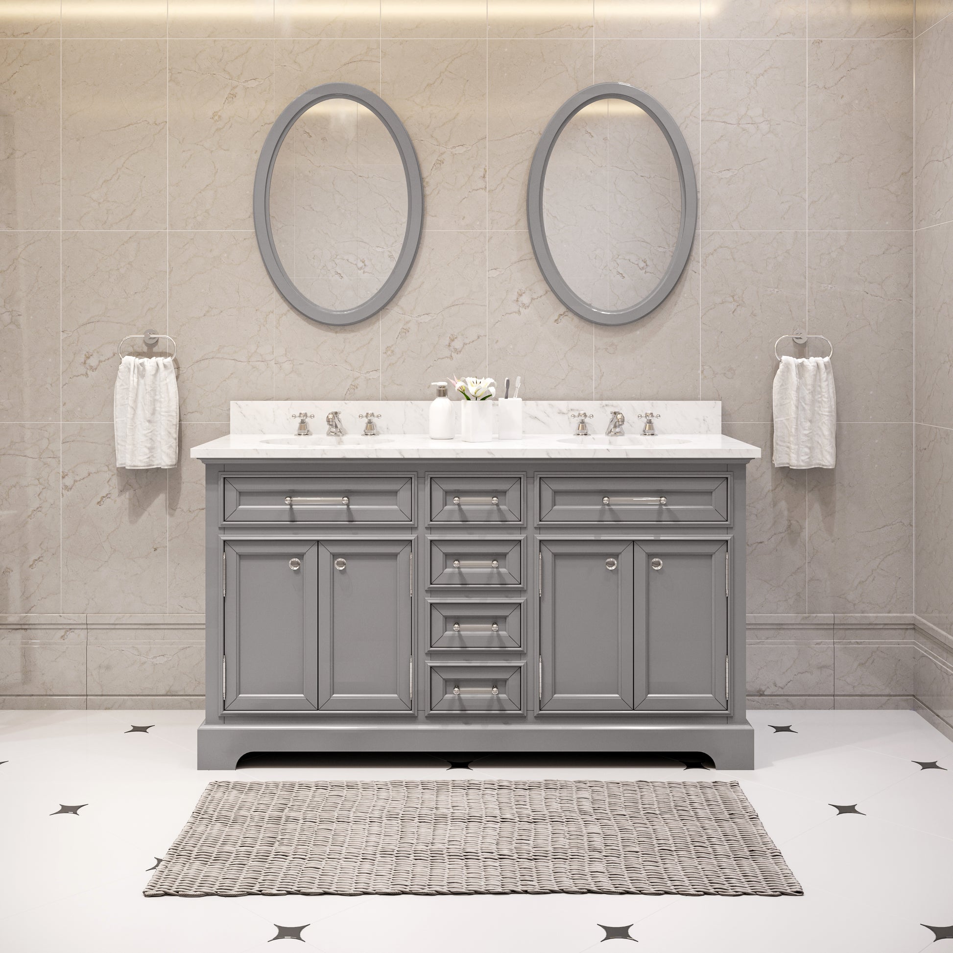 DERBY 60"W x 34"H Cashmere Gray Double-Sink Vanity with Carrara White Marble Countertop + Faucet