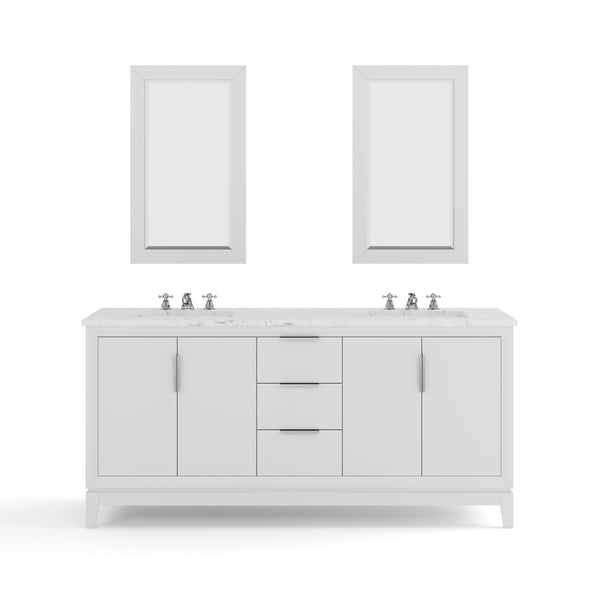 ELIZABETH 72W x 34.25H Pure White Double-Sink Vanity with Carrara White Marble Countertop + Faucets & Mirror (F2-0009-01-BX)