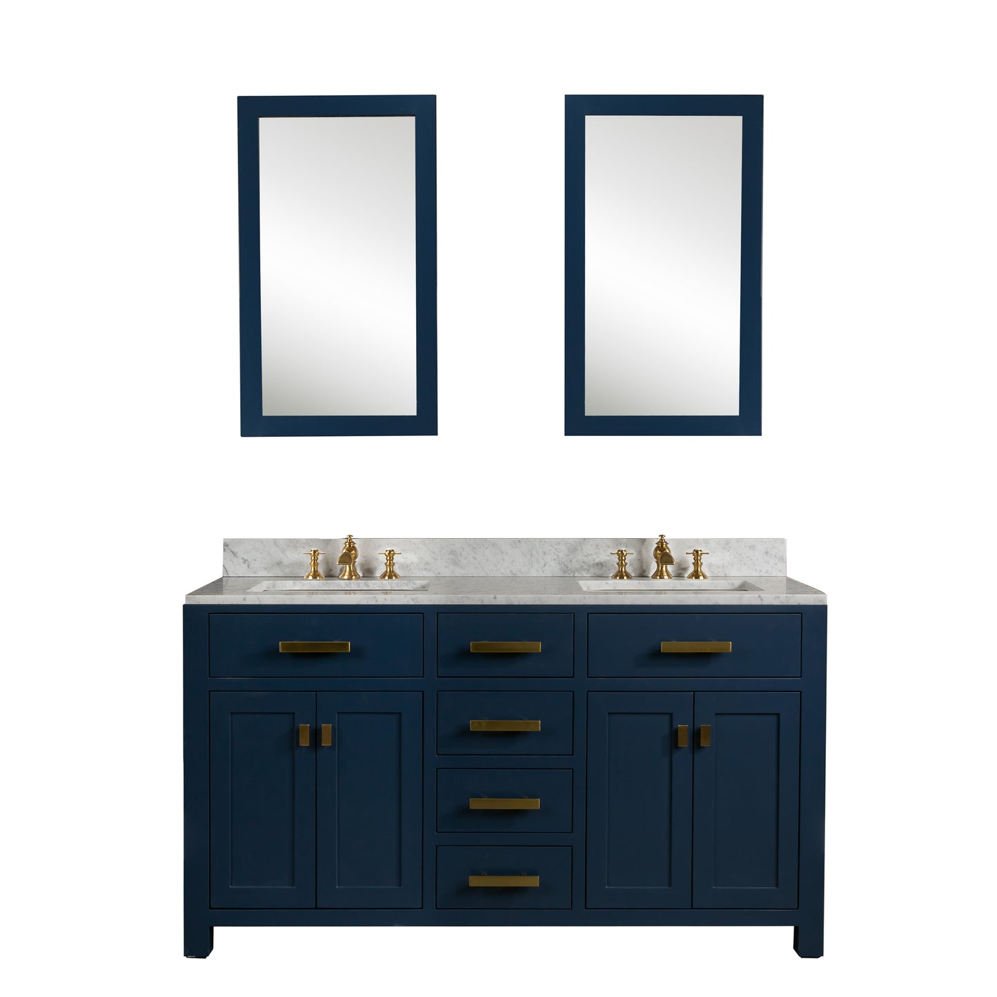 MADISON 60"W x 34"H Monarch Blue Double-Sink Vanity with Carrara White Marble Countertop + Mirror